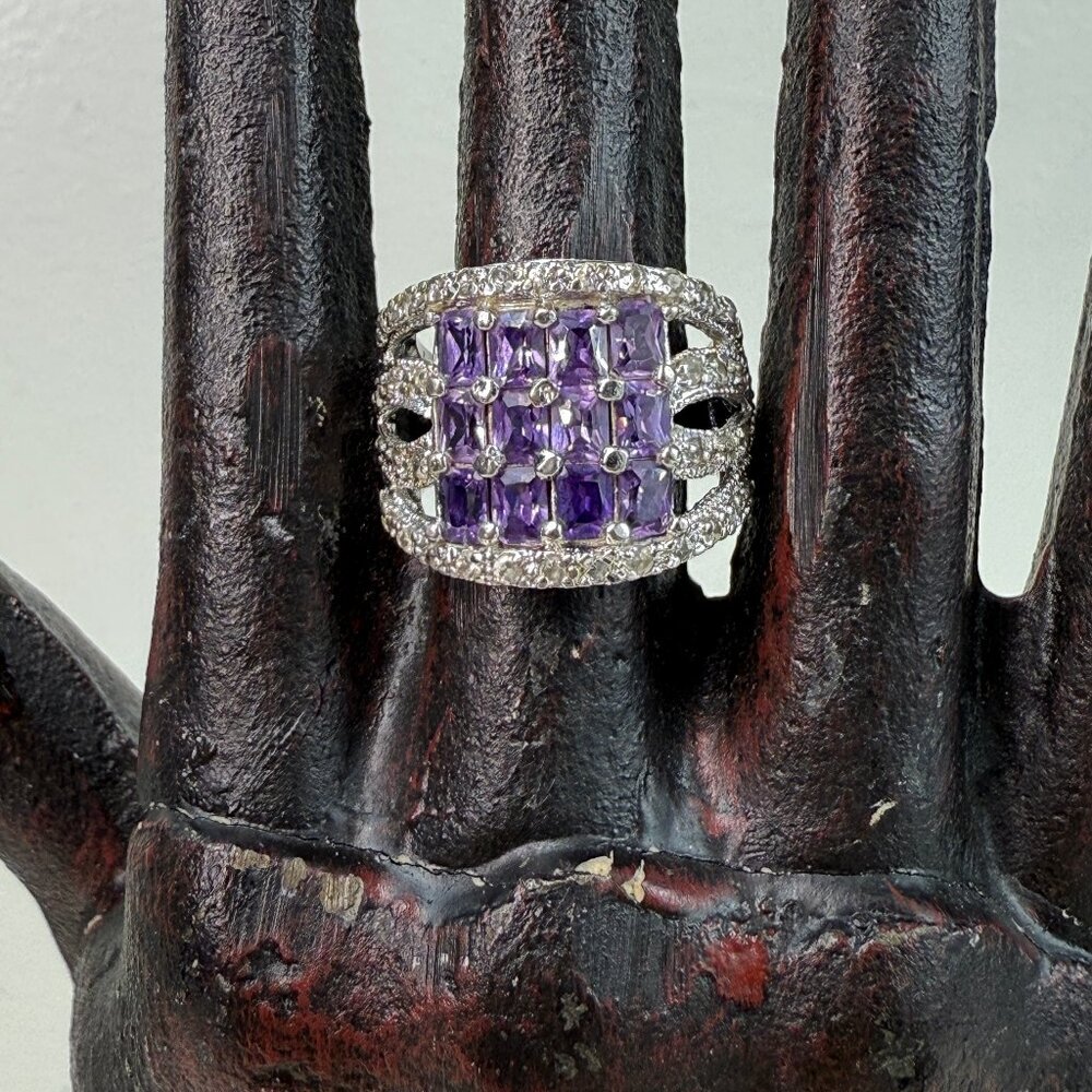 Sterling Silver Clear & Purple Glass Cocktail Ring Size 7.25